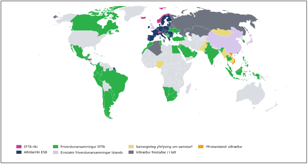 Kort sem sýnir fríverslunarsamninga Íslands. (Fengið af vefsíðunni Evrópustraumar.is). Kort sem sýnir fríverslunarsamninga Íslands. (Fengið af vefsíðunni Evrópustraumar.is).