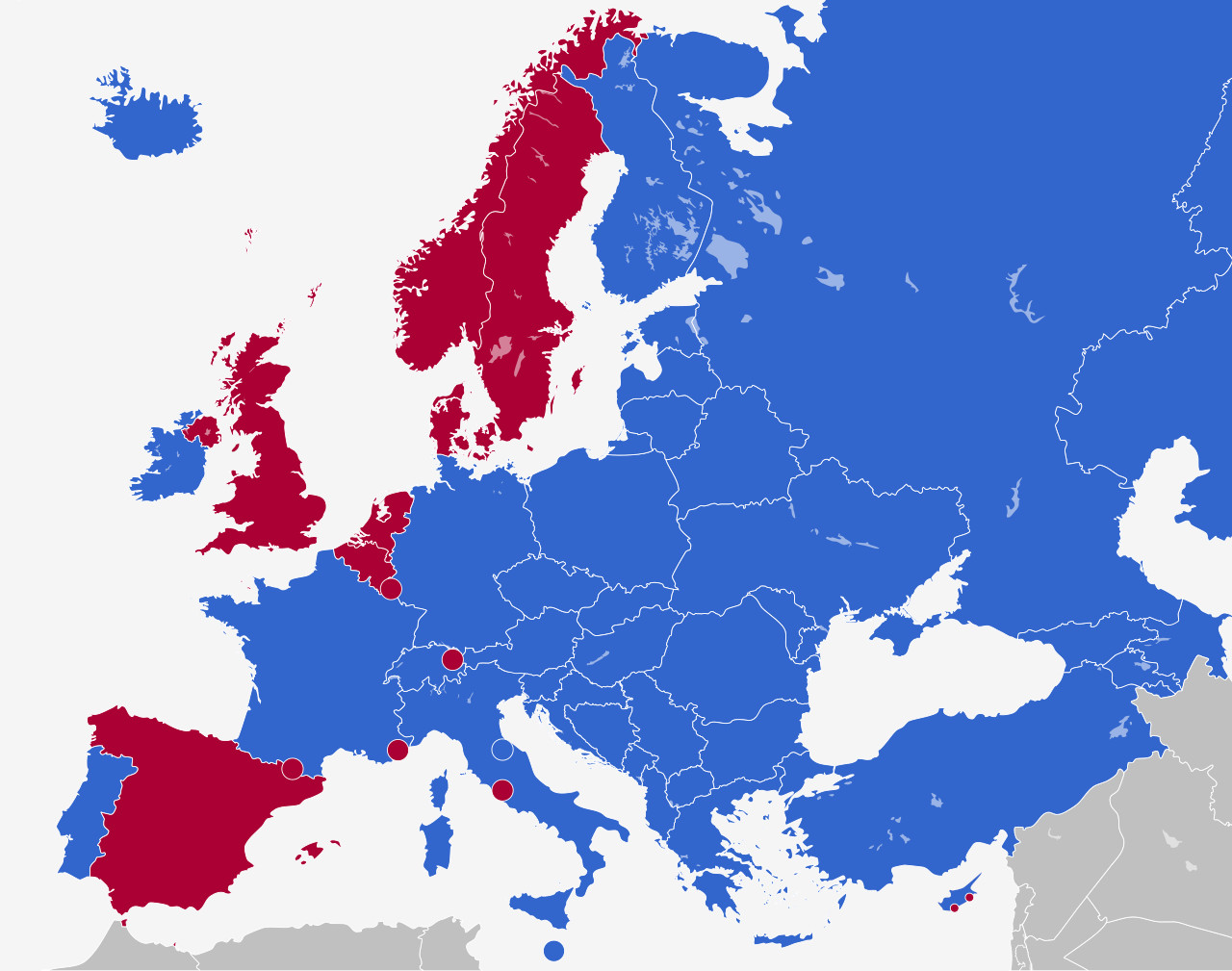 Landakort af Evrópu. Bláu löndin á kortinu eru lýðveldi en þau rauðu konungdæmi. Landakort af Evrópu. Bláu löndin á kortinu eru lýðveldi en þau rauðu konungdæmi.