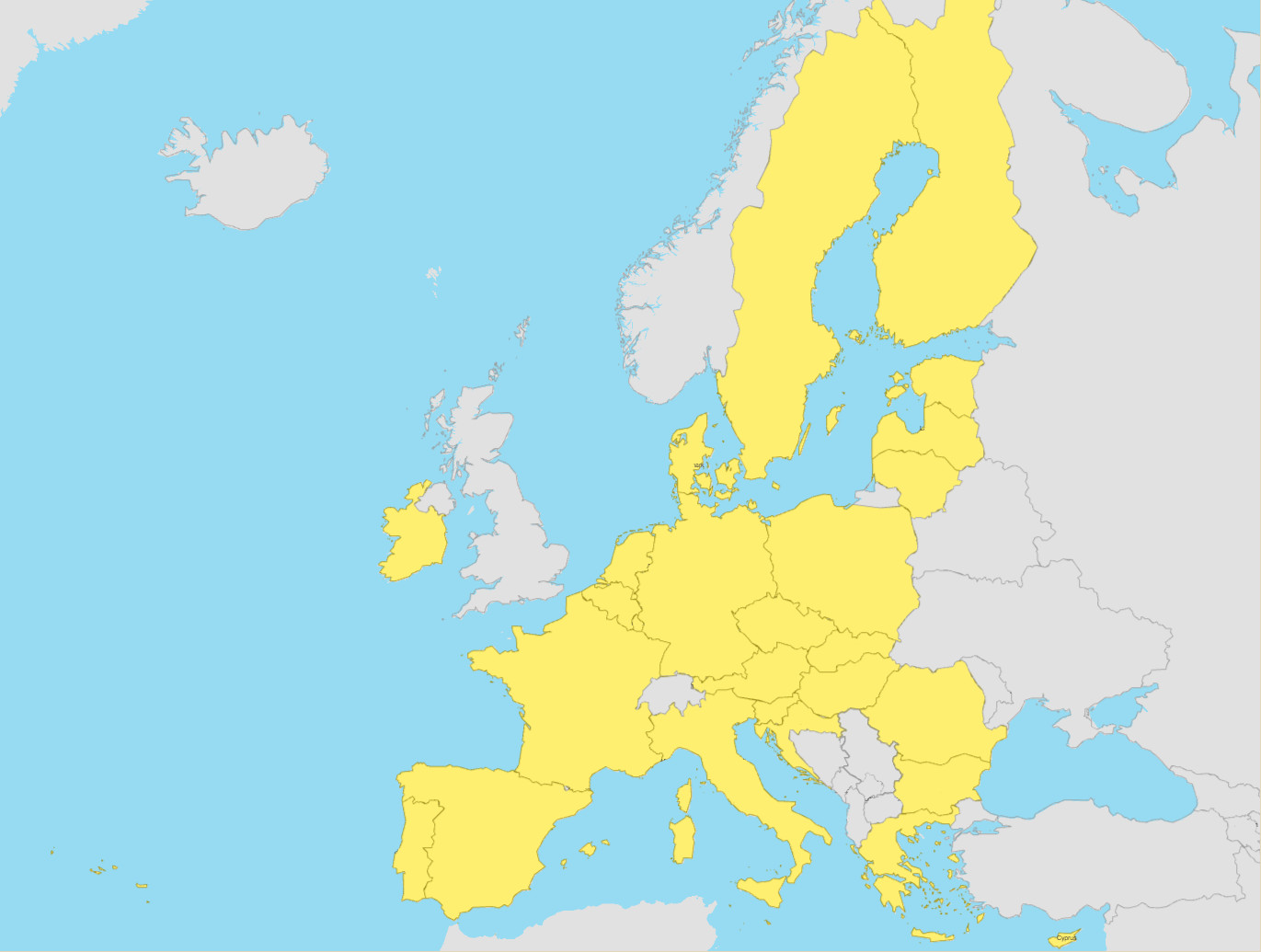 Aðildarríki Evrópusambandsins eru lituð gul. Árið 2026 eru þau alls 27 talsins. Aðildarríki Evrópusambandsins eru lituð gul. Árið 2026 eru þau alls 27 talsins.